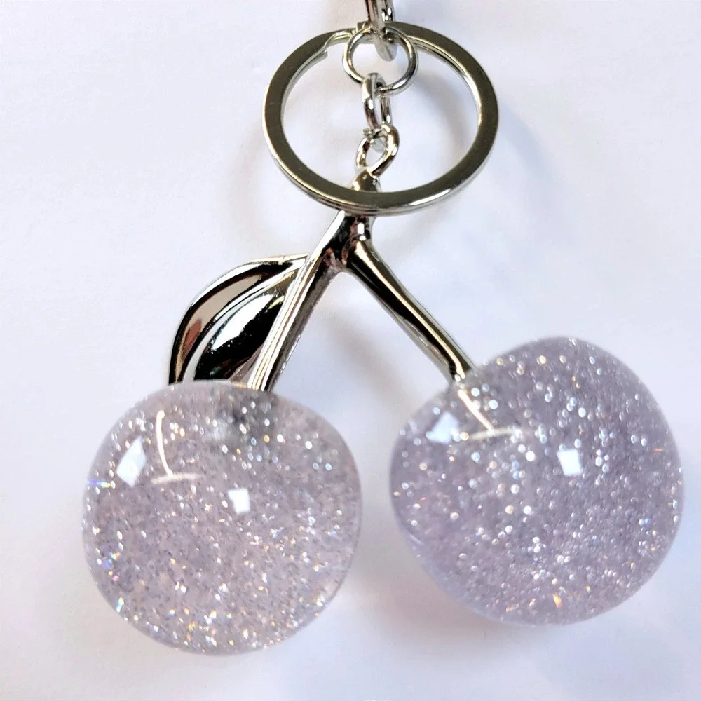 Bag Charm Keychain Glitter Resin Double Cherry Silver Womens Blossom Fairycore